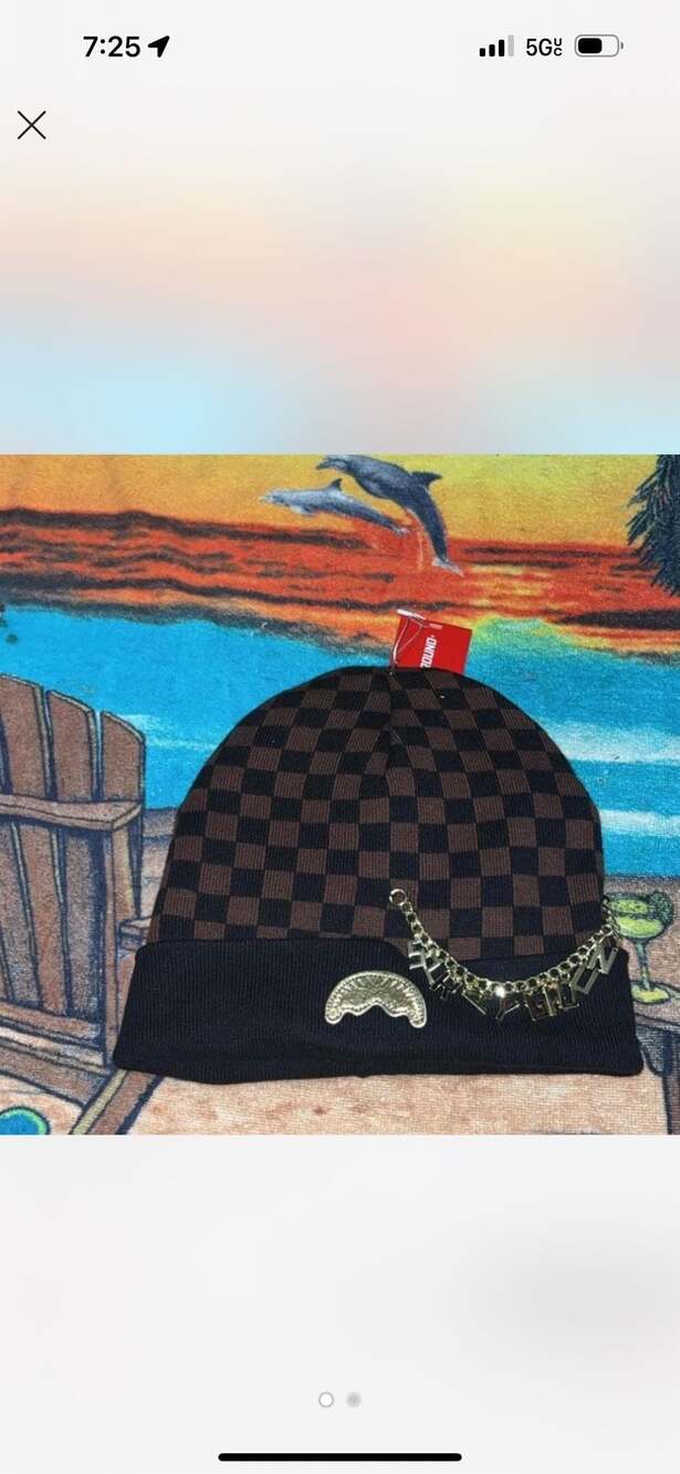 Checkered Beanie with Gold Chain Detail